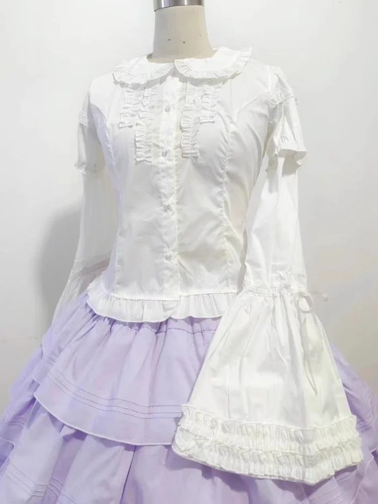 Lolita Peter Pan Collar Blouse Women Jk Kawaii Shirt Japanese Lace Patch Detachable Long Sleeve Y2k Aesthetic Ruffled Blusas