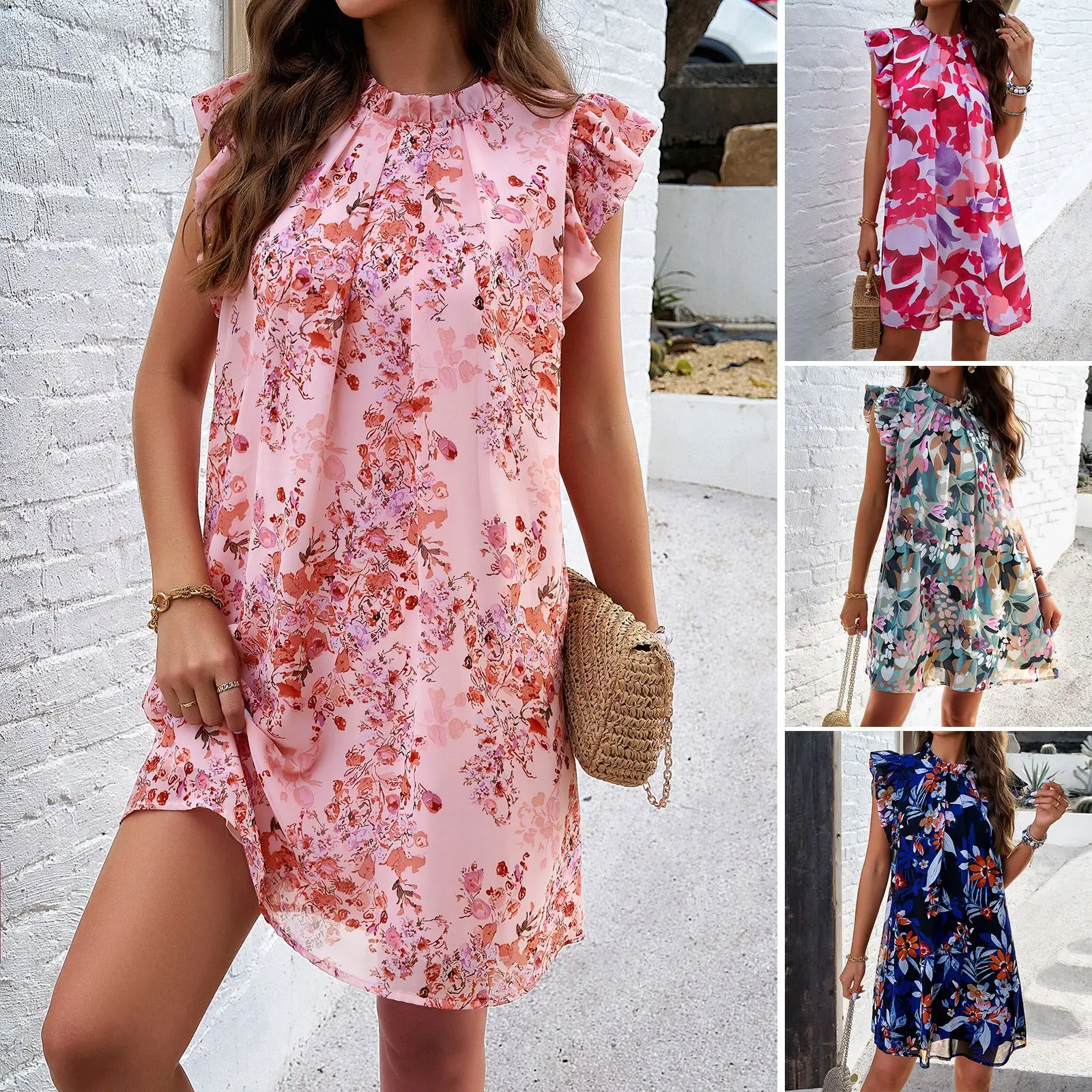 

High Quality Hot Selling Dress 2025 Temperament Elegant Printed Ruffle Edge Flying Sleeve Dress Wholesale Vestido Elegantes Y2k