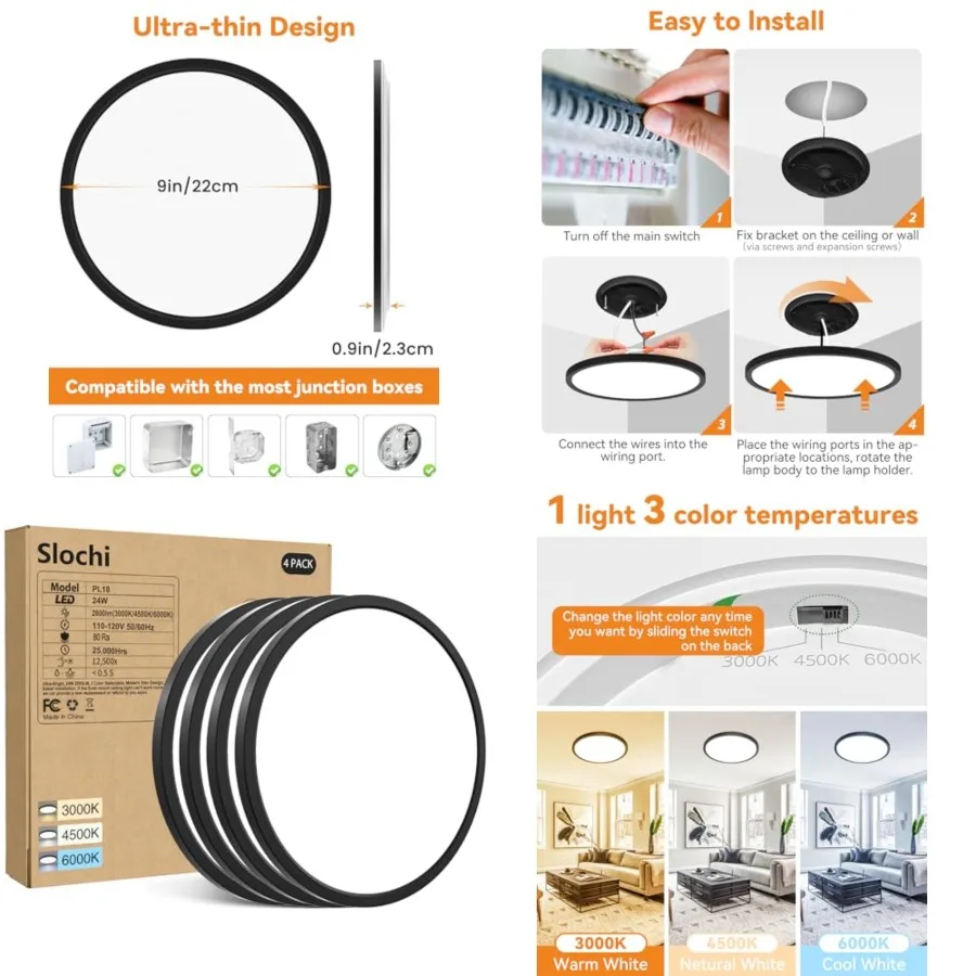 

4PACK LED Flush Mount Ceiling Light Fixture, 9Inch 24Watt, 5000K Daylight Light, Ultra Slim Flush Mount Ceiling Lamp for Living