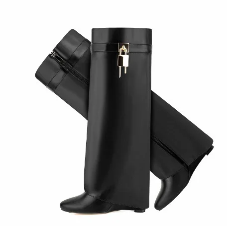 sepatu bot tinggi wanita sabuk warna Solid gesper flens sepatu Wedges wanita sepatu Fashion kunci hak tinggi Botas sepatu