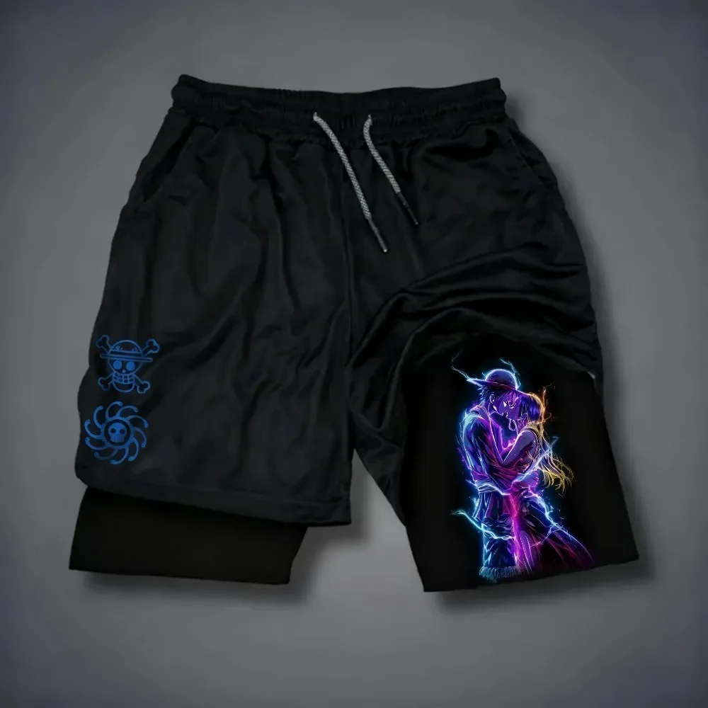 2025 جديد قطعة واحدة أنيمي لوفي وزورو تحت عنوان مطبوعة مزدوجة الطبقات السراويل ، الصيف الأمريكية الرجال الرياضة السراويل فضفاضة