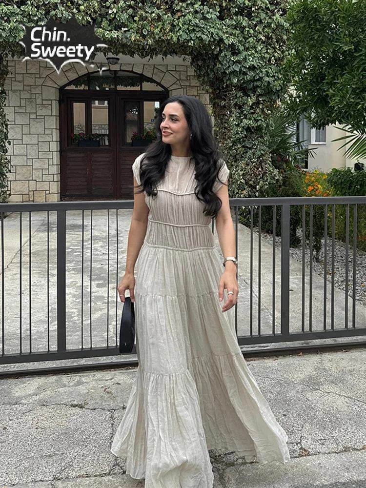 Estate femminile pieghettato impiombato solido Maxi vestito elegante manica corta O collo appeso orlo abito estate Casual donne abiti da pendolare