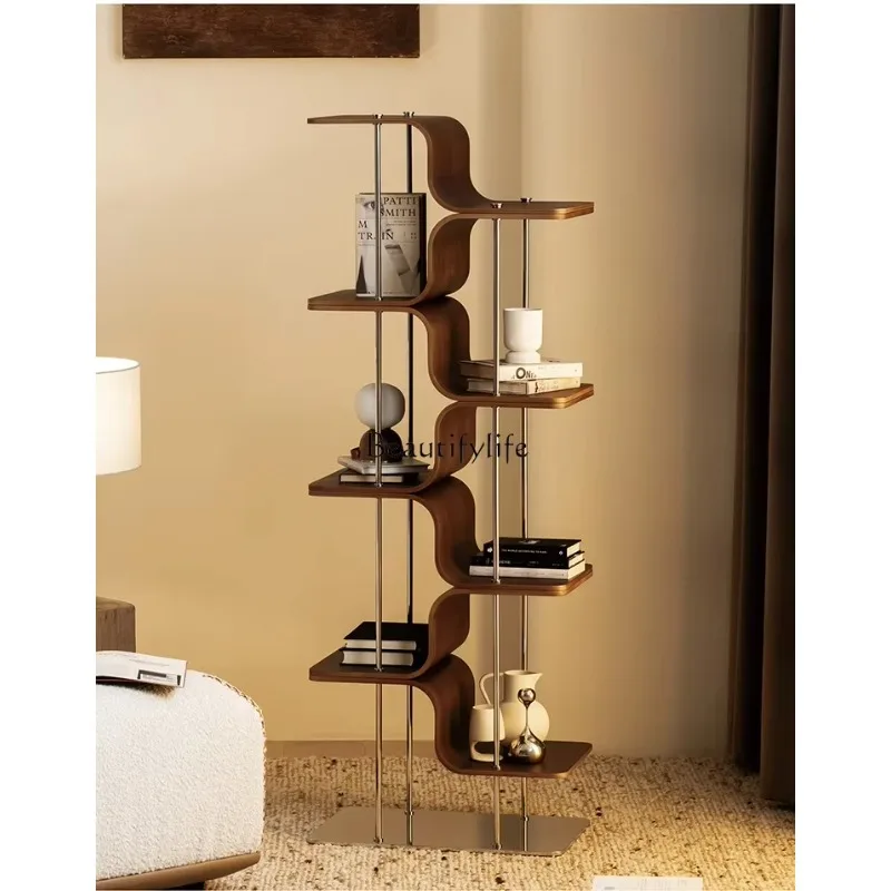 

Living room stainless steel solid wood simple bookshelf floor invisible display rack