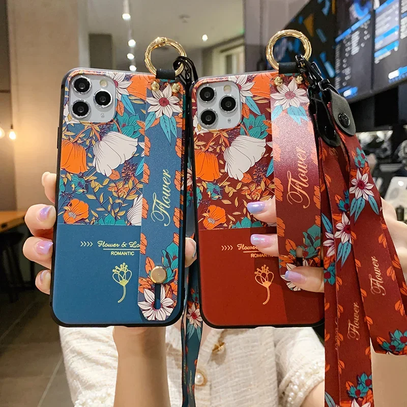 Luxurious Case for iPhone 15 Plus 15 Pro Max 14 13 12 11 7 8 Plus X XR XS Soft Neck Hand Lanyard Floral Wrist Strap Holder Cover