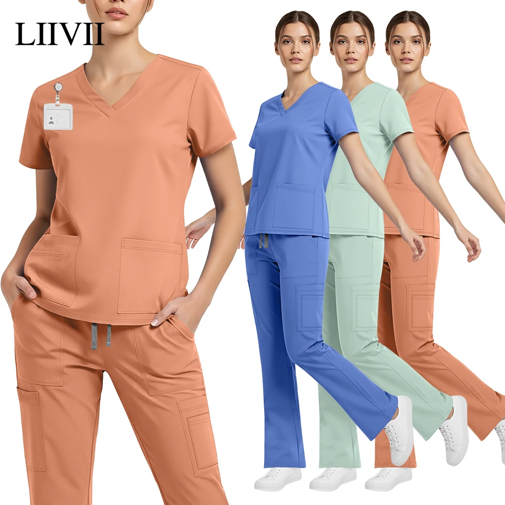 Hot Sales Clinical Nurse Uniform Hospital Two Piece Workwear Stretch Bell-bottoms Scrubs Suit Medical Nursing Articles Women New