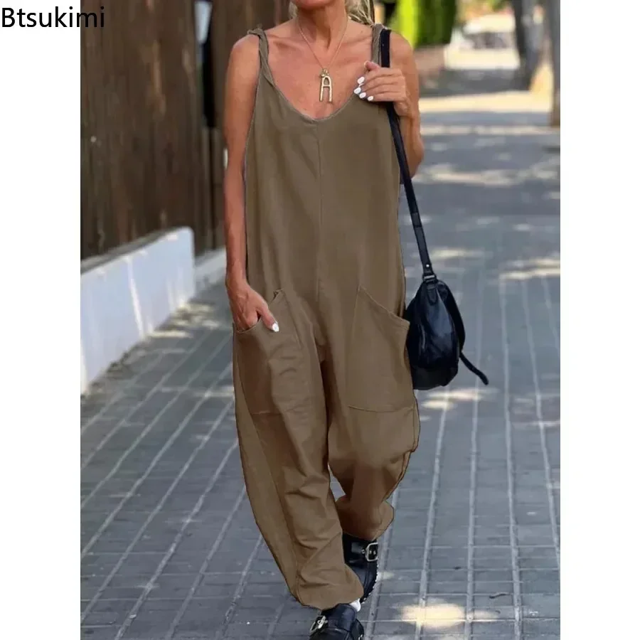 2024 Women\'s Plus Size Casual Wide Leg Jumpsuits Solid V Neck Low-cut Daily Wear Oversized Overalls Female Outfits Backless 5XL