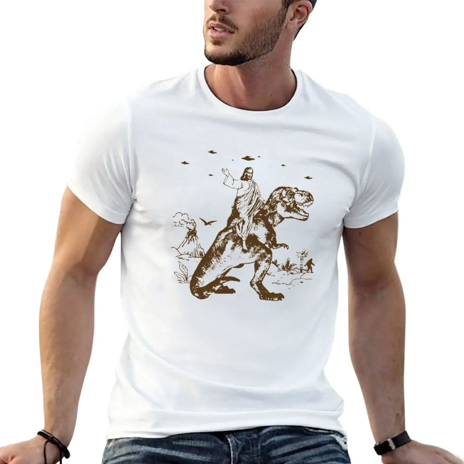 Funnu UFO-Camiseta gráfica masculina Jesus Riding Dinosaur, camiseta esportiva para fãs, masculina, grande e alta, nova