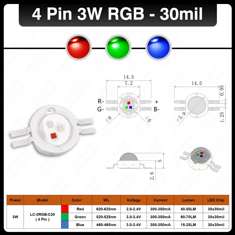 High Bright RGB LED Chip Red Green Blue Colorful COB 4Pin 6Pin For Professional Stage Lighting Effect 1W 3W 9W Light Beads