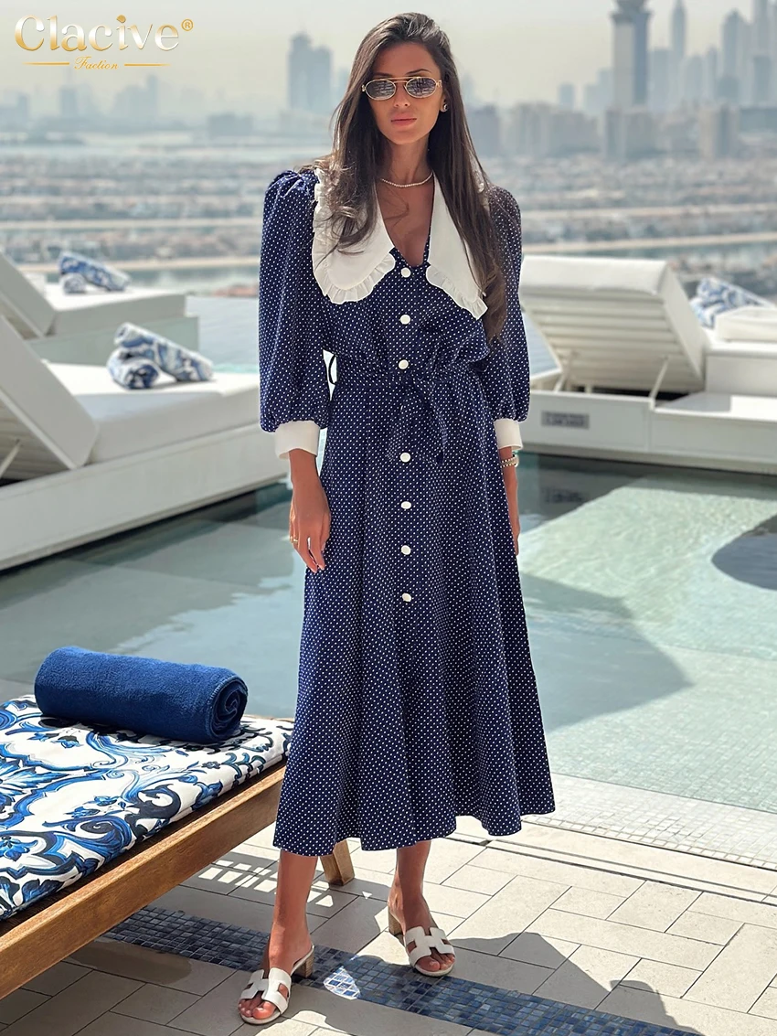 

Clacive Fashion Loose Print Patchwork Women's Dress Casual Lapel Long Sleeve Ankle Length Dresses Elegant Classic Female Dress