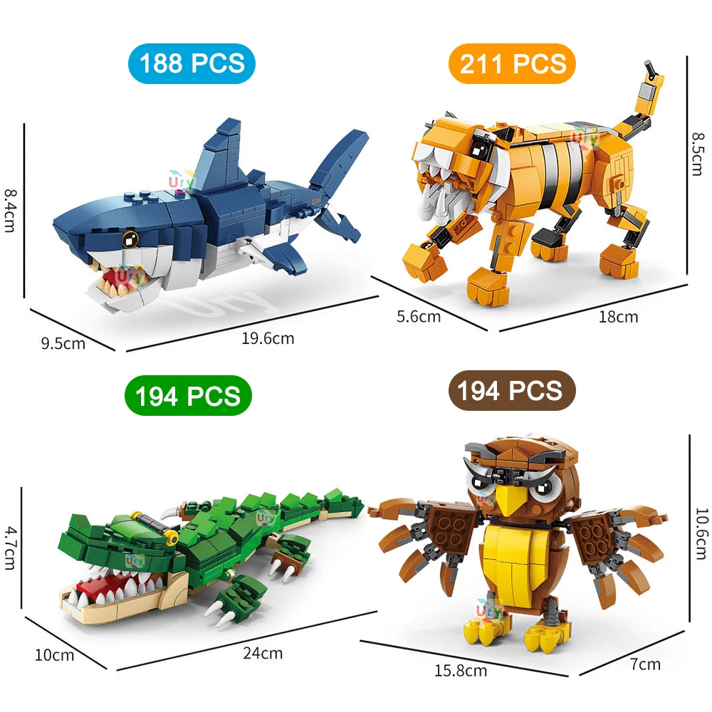 Moc-Building Blocks Model Set para crianças, DIY Assemble Toy, oceano, marinha, peixes, animais, tubarão, tigre, coruja, crocodilo, presente da