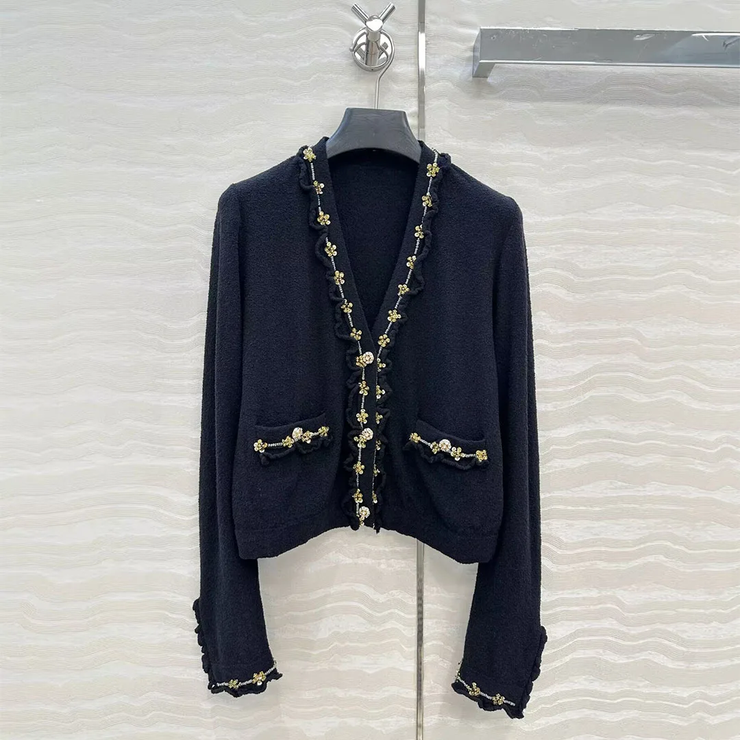 

Новинка 2023 года, осенние роскошные милые кардиганы с цветочным принтом и бисером, женский свитер с v-образным вырезом и бриллиантами, пуговицами, винтажный вязаный джемпер с длинными рукавами