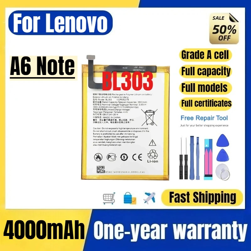 

BL303 for Lenovo A6 Note Mobile Phone Battery High Quality High Capacity Battery Replacement Bateria Grade A Cell with Tools