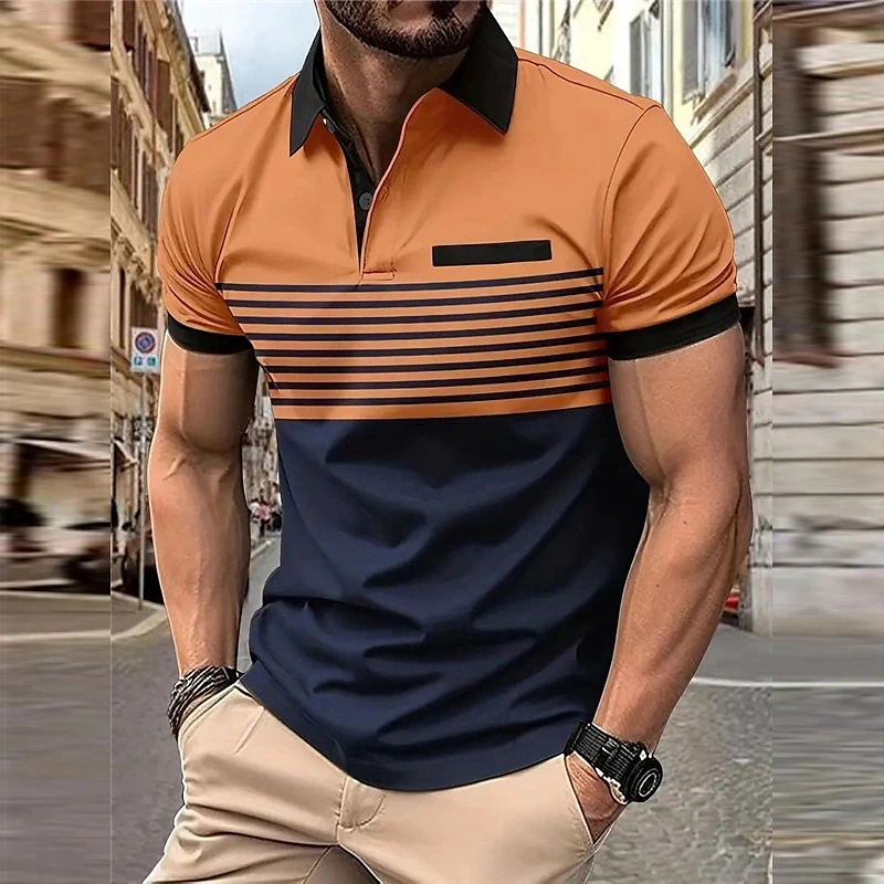 Business Men\'s Polo T Shirt Summer Short Sleeve Clothing Fashion Stripe Print Street Casual Buttons Tops Oversized Pullover