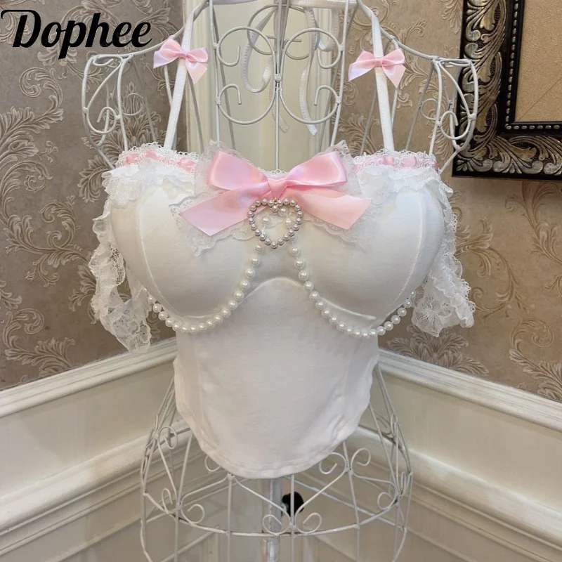 Dophee Original Sweet Princess Pearl Bow Women Camisole Lolita Eleagnt Lace Slimming Basic Top Midriff-baring Chest Pad Tanks