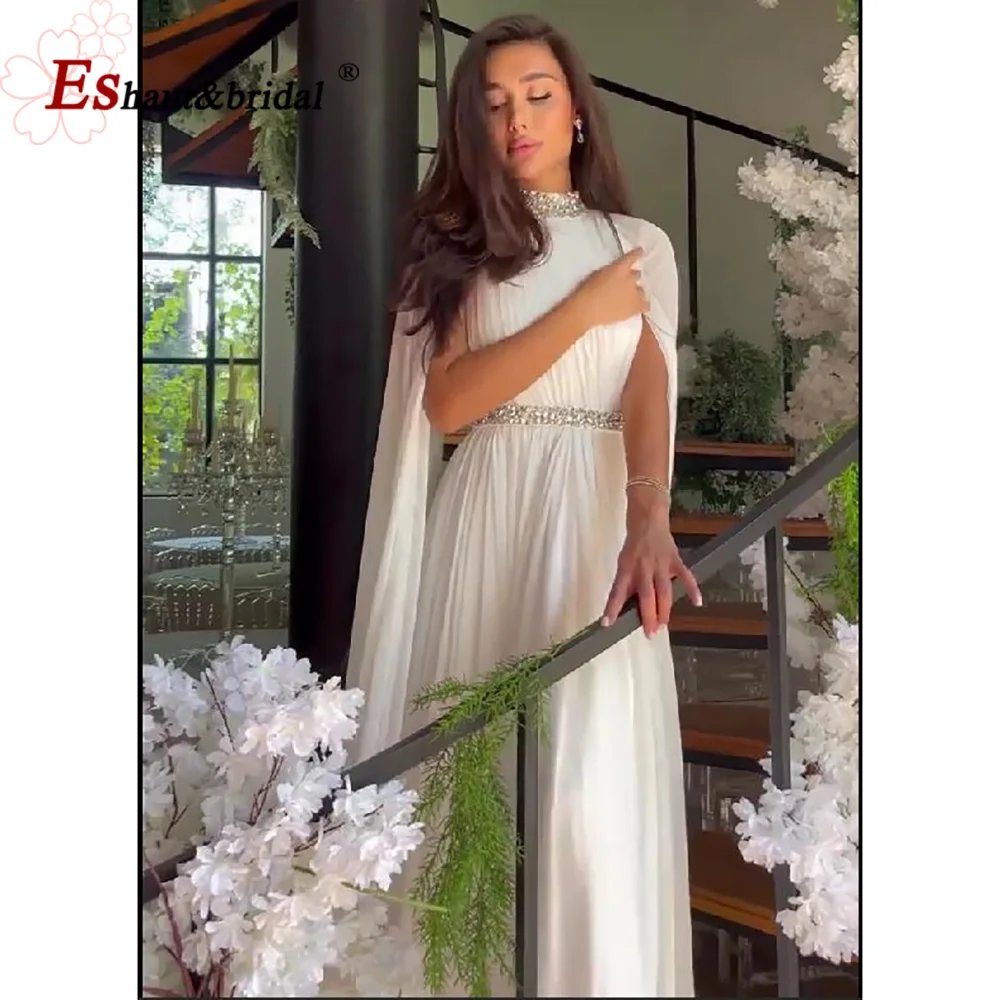 Elegant Chiffon Aline Evening Dress for Women 2023 High Neck Beads Ruffles Cape Sleeves Plus Size Formal Prom Wedding Party Gown