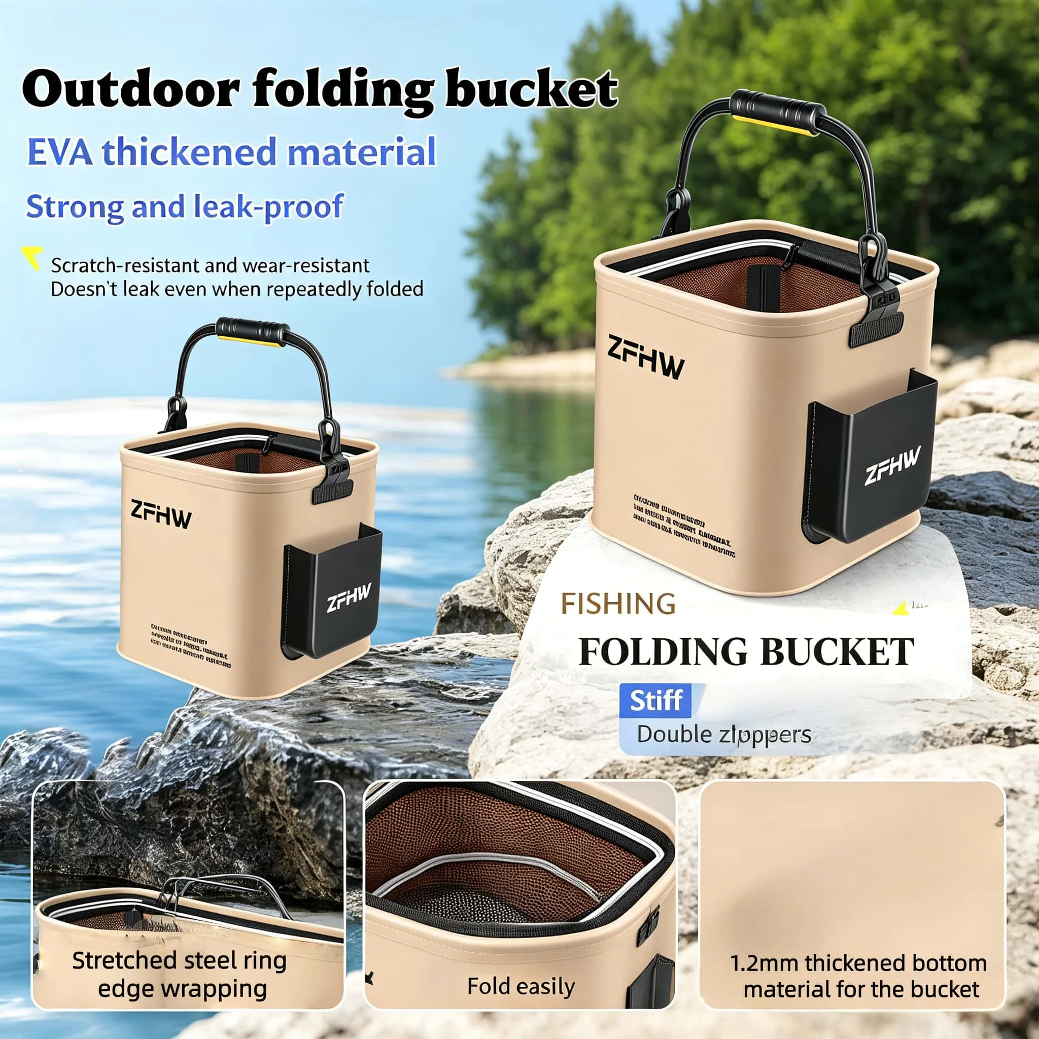 

Portable outdoor watering bucket, foldable fishing bucket. Multi-functional water storage bucket, handheld fishing bucket.