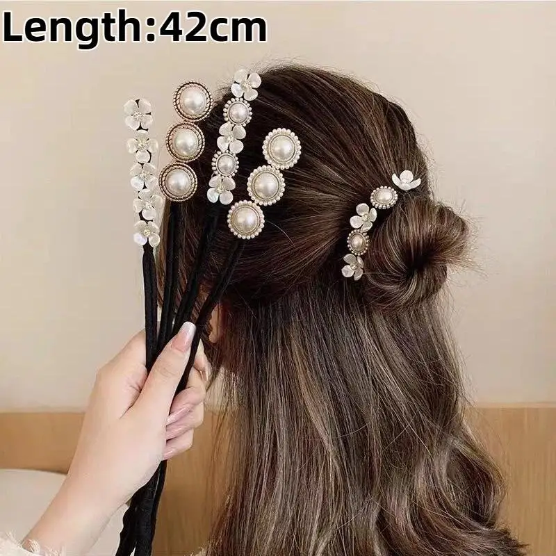 Koreanische Perlen-Haaraccessoires für Mädchen, Flauschige Haarballen, Blütenblatt-geflochtene Haarschleifen – Detail 4