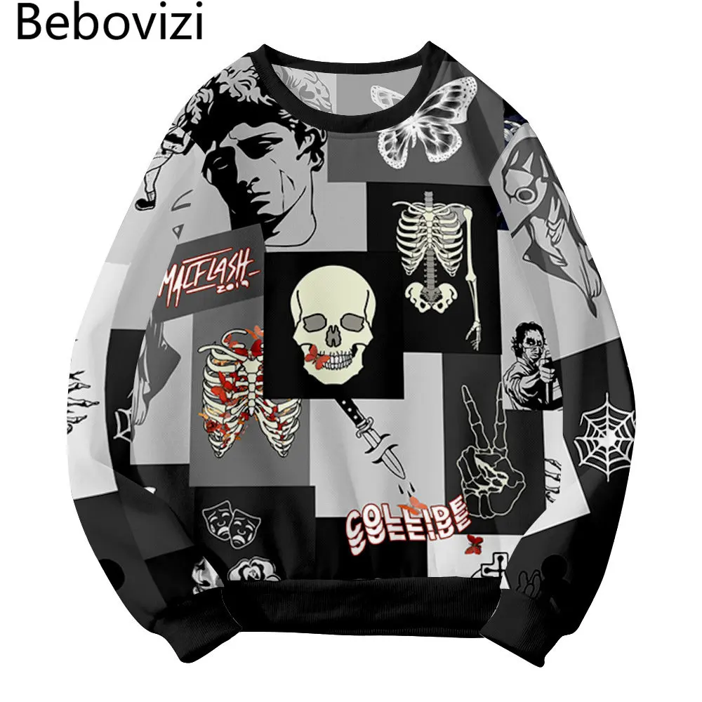 

Fleece Round collar Sweatshirt Hoodie Fashion Mens Streetwear Pullover Casual Hoodie Skeleton Butterfly Print Tops