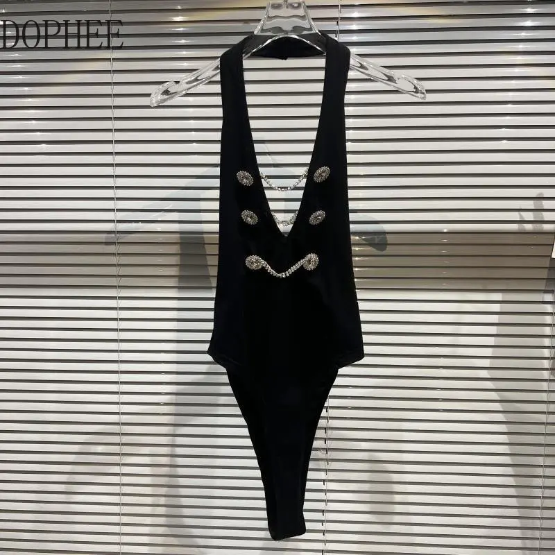 Body Sexy con cadena de diamantes de imitación para mujer, mono con cuello Halter, camisola, trajes negros con temperamento, moda de otoño, 2022