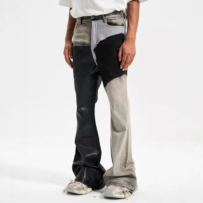 

Y2k High Street Лоскутные джинсы с цветными блоками и покрытием Ro Стиль Модные повседневные свободные джинсы с длинными ногами восковые слегка расклешенные джинсы