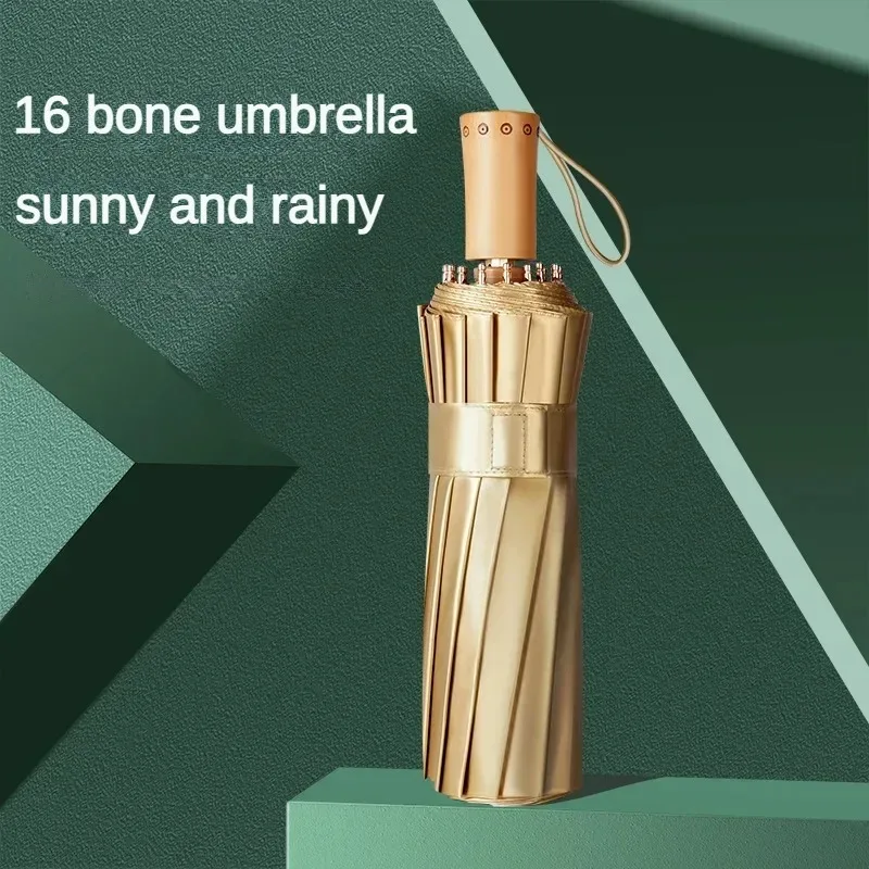 Gold Coating Sunshade Folding Umbrella for Women, Large 16 Bone, WindproofSunscreen, Sun UV Resistance,Sunny and Rainy Umbrellas