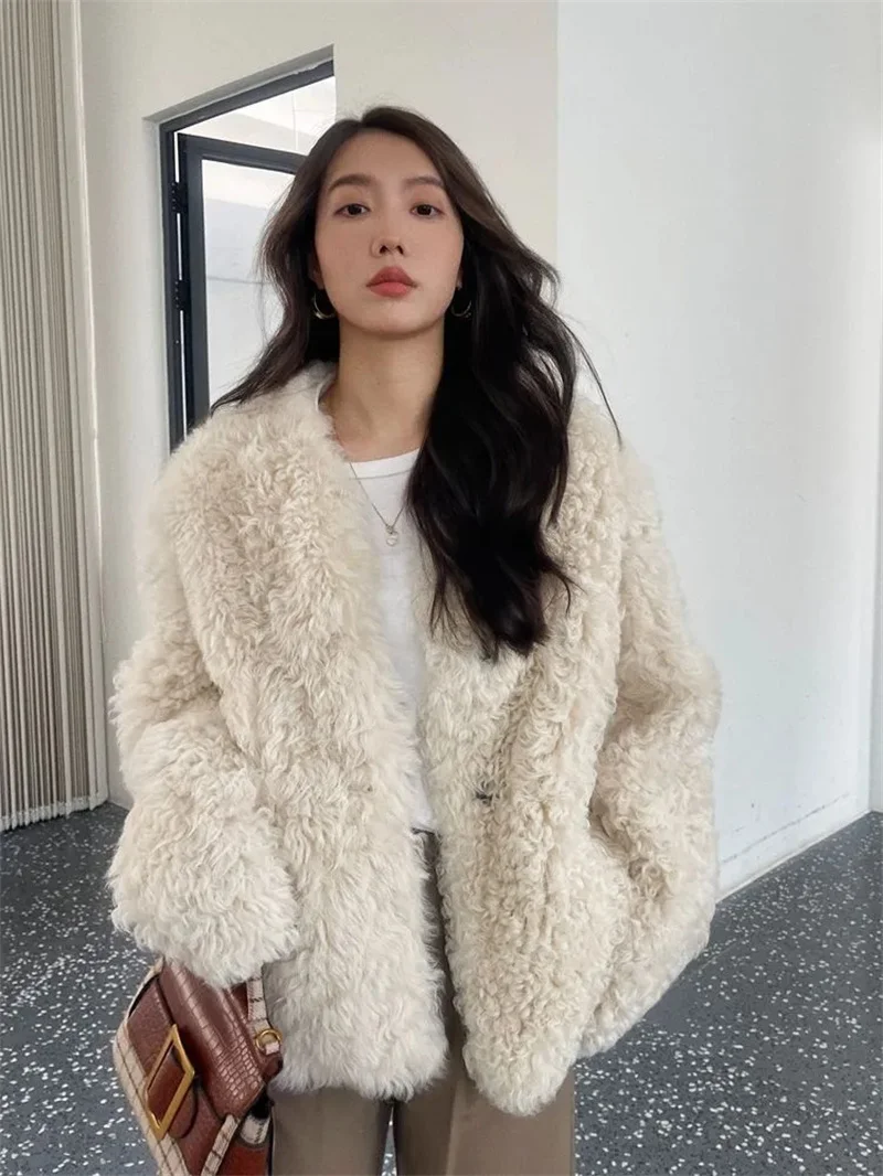 Lazy Style Women's Coat 2024 Winter New Korean Version Loose Lamb fur fur Integrated toka fur Female Coat Solid Color Commuting
