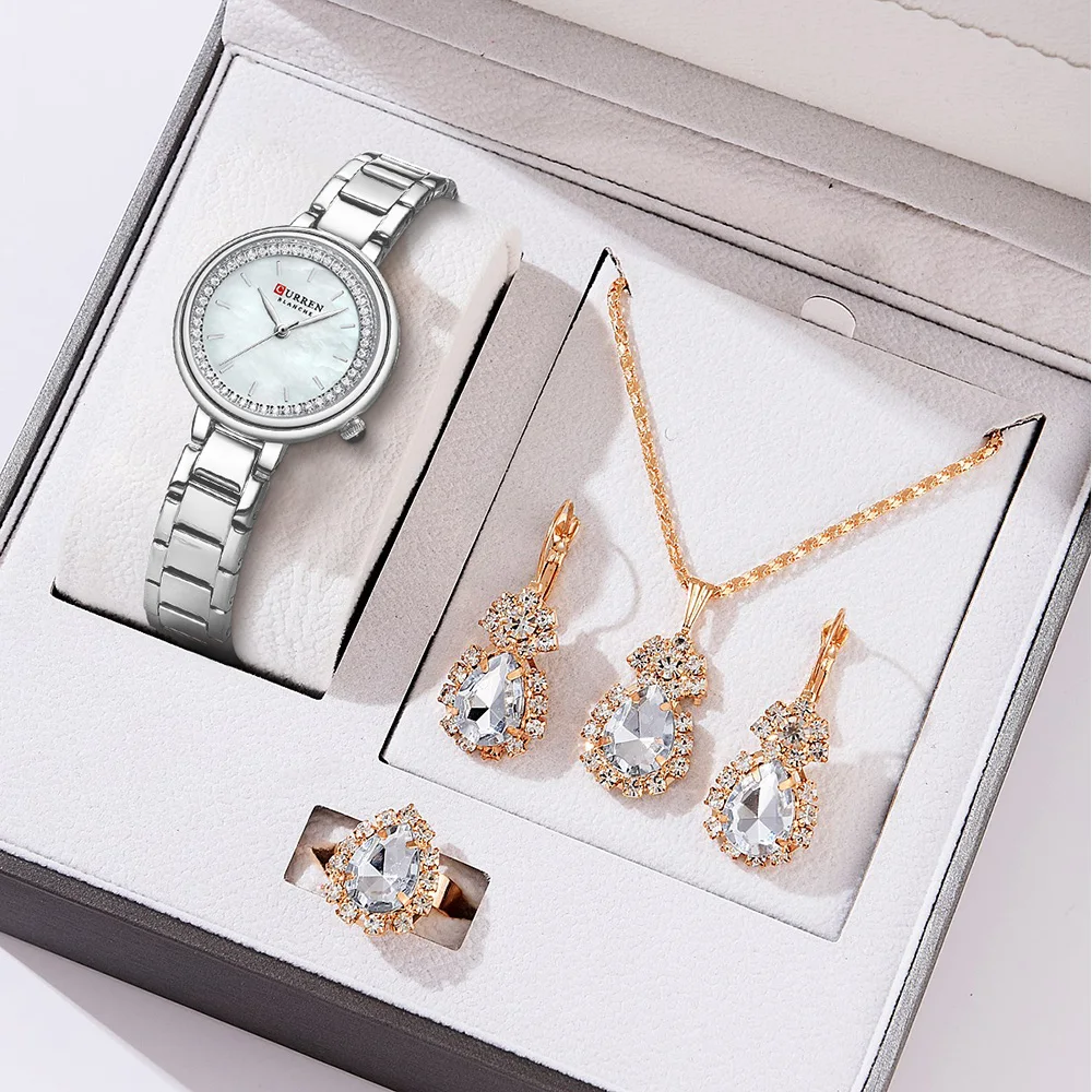 CURREN 5pcs Set Watch Set For Women Luxury Stainless Steel waterproof Analog Ladies Quartz Wristwatch Fashion Bracelet Watch