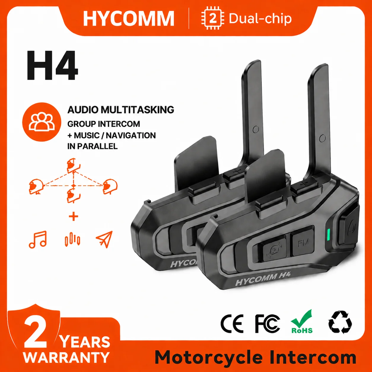 Casque Bluetooth pour moto HYCOMM H4, interphone pour 4 motards, portée jusqu'à 1,2 milles, multitâche audio, batterie 35H, suppression du bruit, système de communication étanche IP67