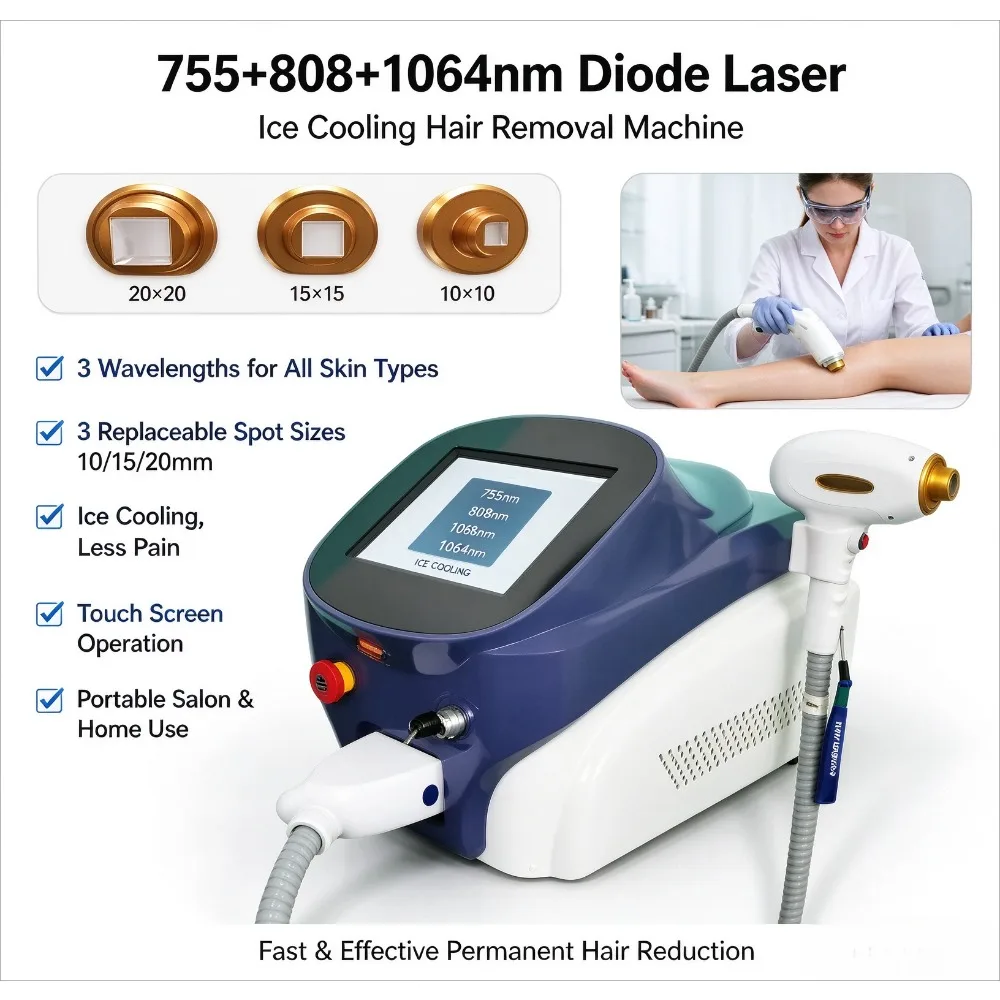 755 808 1064nm Diode Laser Hair Removal Machine, 3 Wavelength Ice Cooling Laser Epilator with 3 Spot Sizes for Salon & Home Use