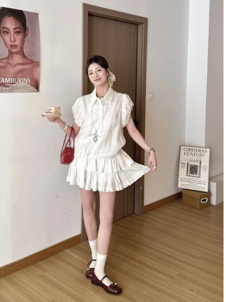 

Korean Style Sweet Floral Print Shirt And Cake Skirt Set Women's Fashion Semi-Formal Unique Design Short Sleeve High Waist