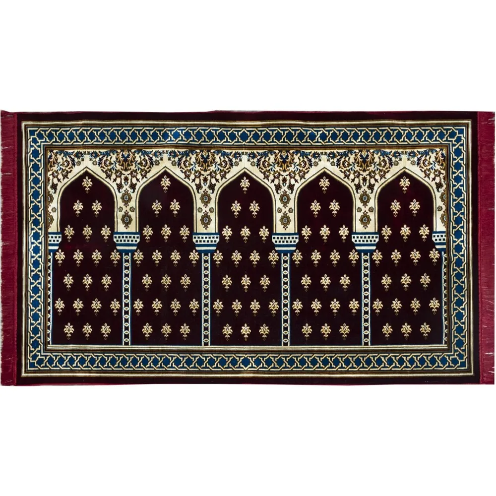 

Turkish Islamic Prayer Rug Large Plush Velvet Janamaz Sajadah for Family Gathering Group Prayer Mat Mihrab Red 5 Person