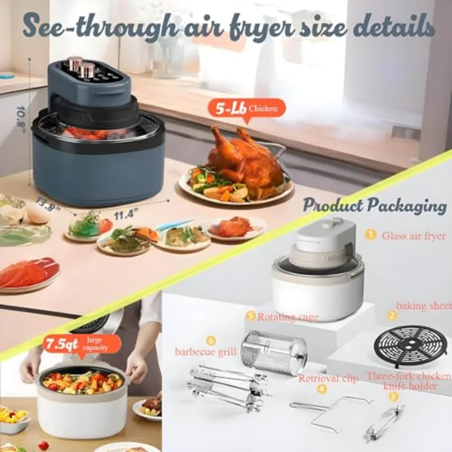 مقلاة هوائية قابلة للدوران 8 في 1 مجموعة فرن محمصة 7.5QT مقلاة هوائية زجاجية كبيرة سريعة تكنولوجيا الهواء الساخن طباخ ذكي بحجم عائلي M #3