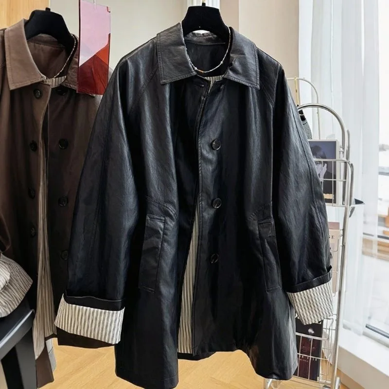 Otoño Invierno abrigo de cuero medio largo mujer 2025 nueva moda chaqueta Casual suelta Color puro prendas de vestir exteriores Mujer