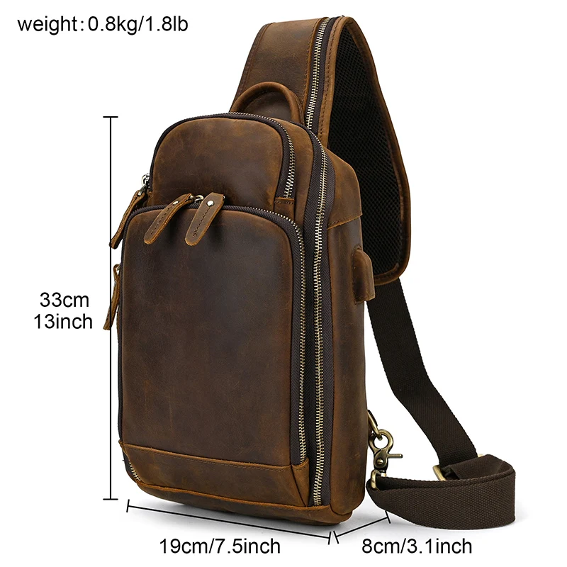 Leather Chest Bag Usb Charging Port  Men\'s Cross Body Bag Genuine Leather Chest Pack Single Shoulder Bag For Man Male Vintage