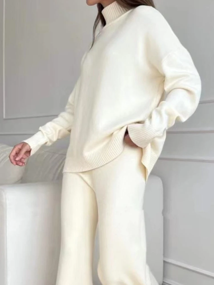 Autumn Winter 2 Piece Sets Womens Outfits Knitted Tracksuit Turtleneck Sweater Straight Jogging Pant Sets Suits Women's Clothing