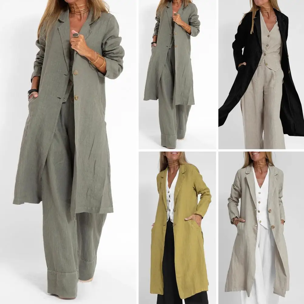 

Women Long Coat Elegant Lapel Cardigan for Women Stylish Mid Length Coat with Double Buttons Soft Breathable Fabric for Spring