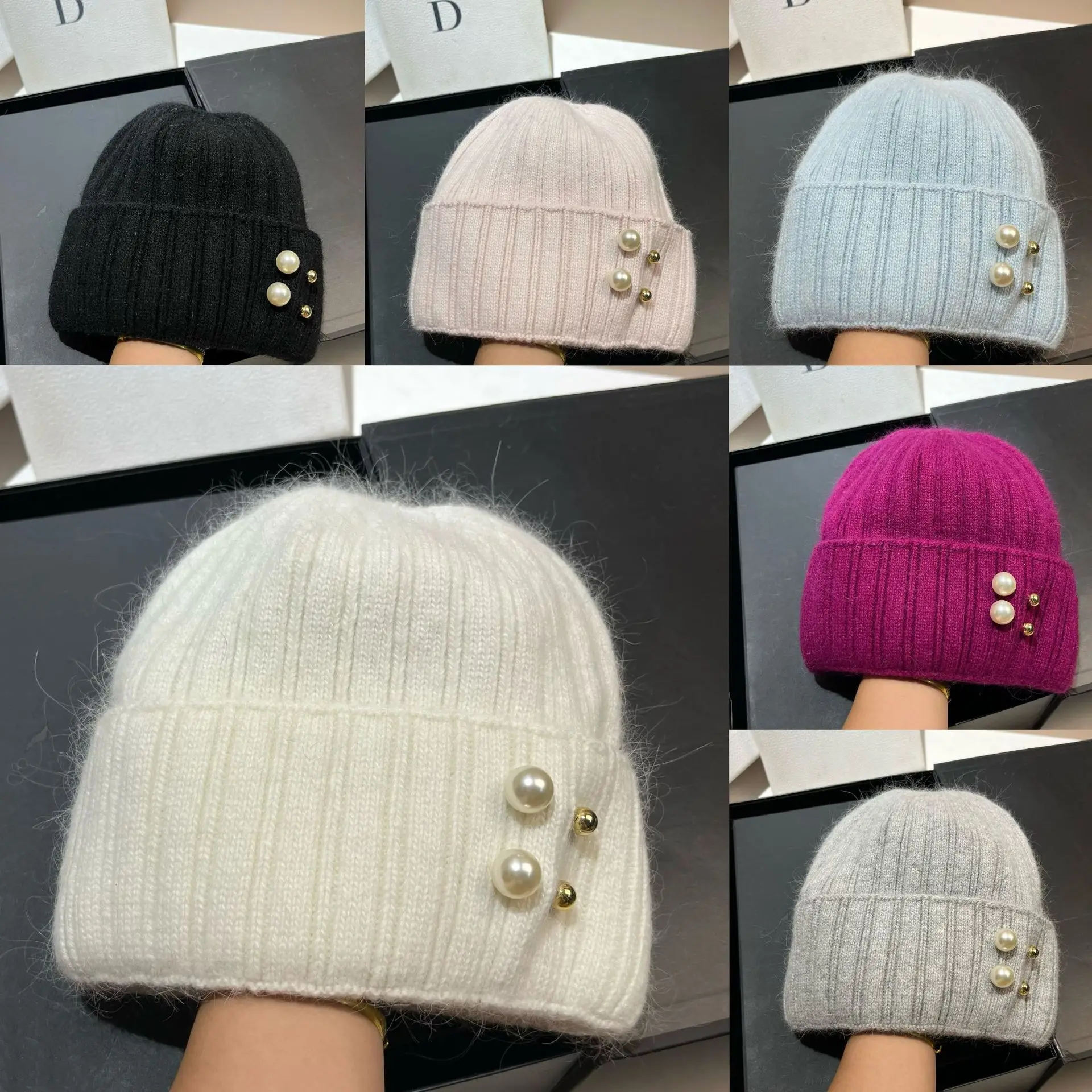 Luxury Pearls Real Rabbit Fur Knitted Hat Winter Women Wool Skullies Beanies Outdoor Ear Protection Female Warm Walking Bonnet