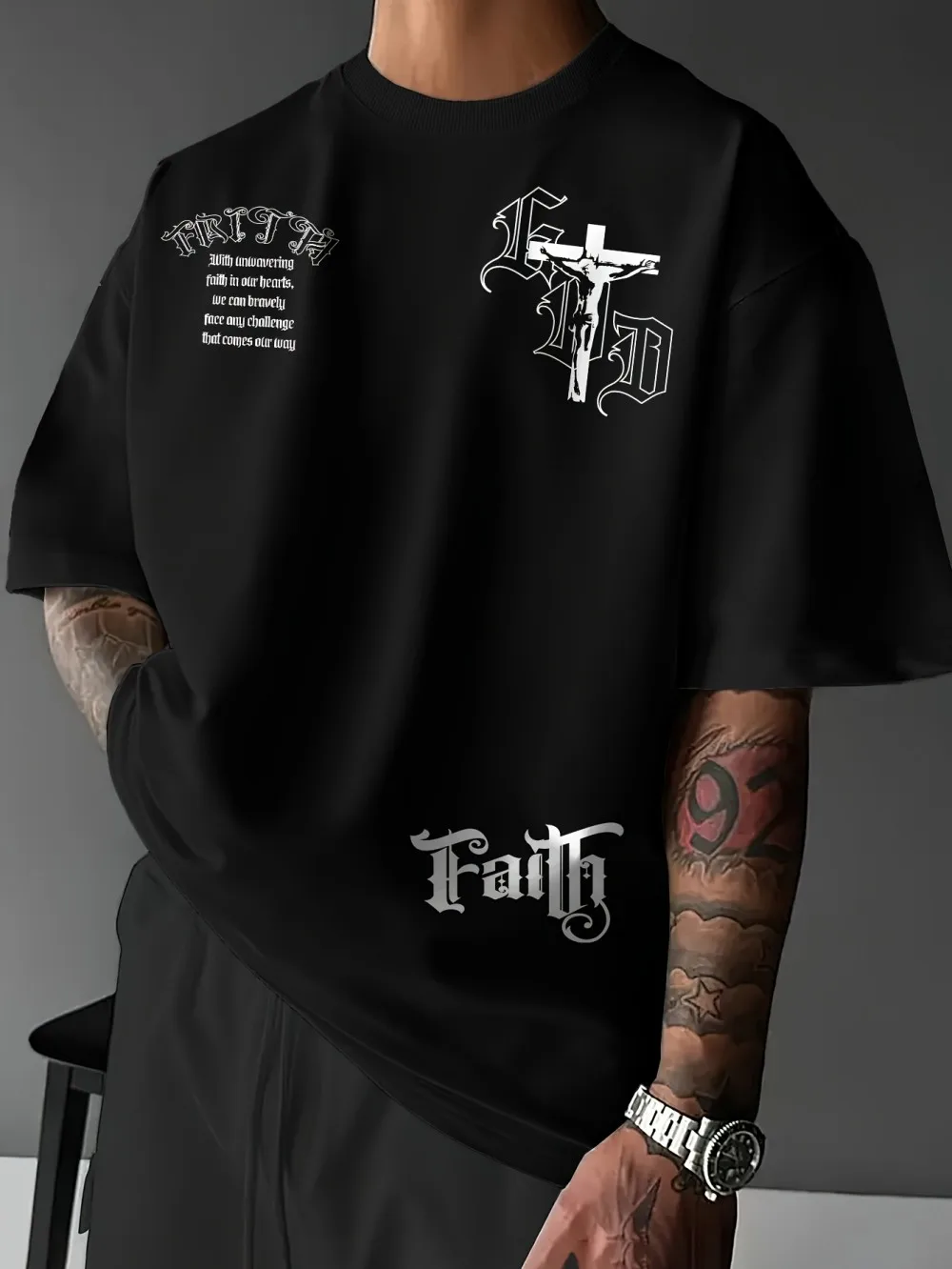 American Men's Summer New Gothic Cross Letter Faith Printed Micro Elastic Breathable Round Neck T-shirt Outdoor Street Style Top