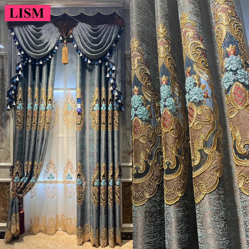 

Custom Size European Gray Chenille Valance Embroidery Luxury Curtains for Living Room Bedroom Dining Blackout Window Tulle