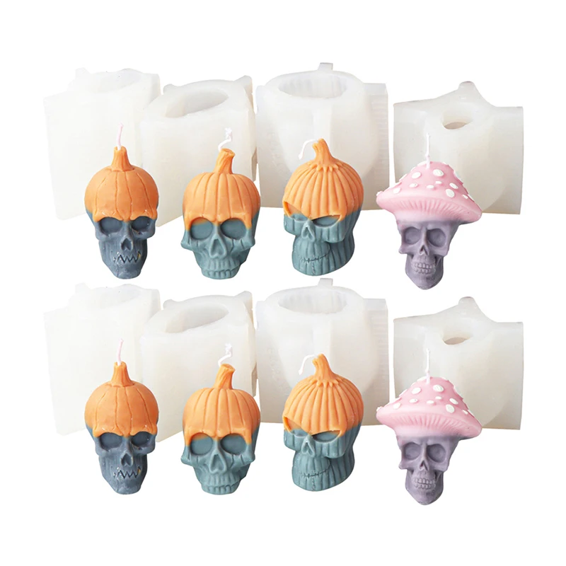 3D Skull Pumpkin Head Series Silicone Candle Mold DIY Skull Mushroom Head Halloween Horror Theme Plaster Home Decoration Gift