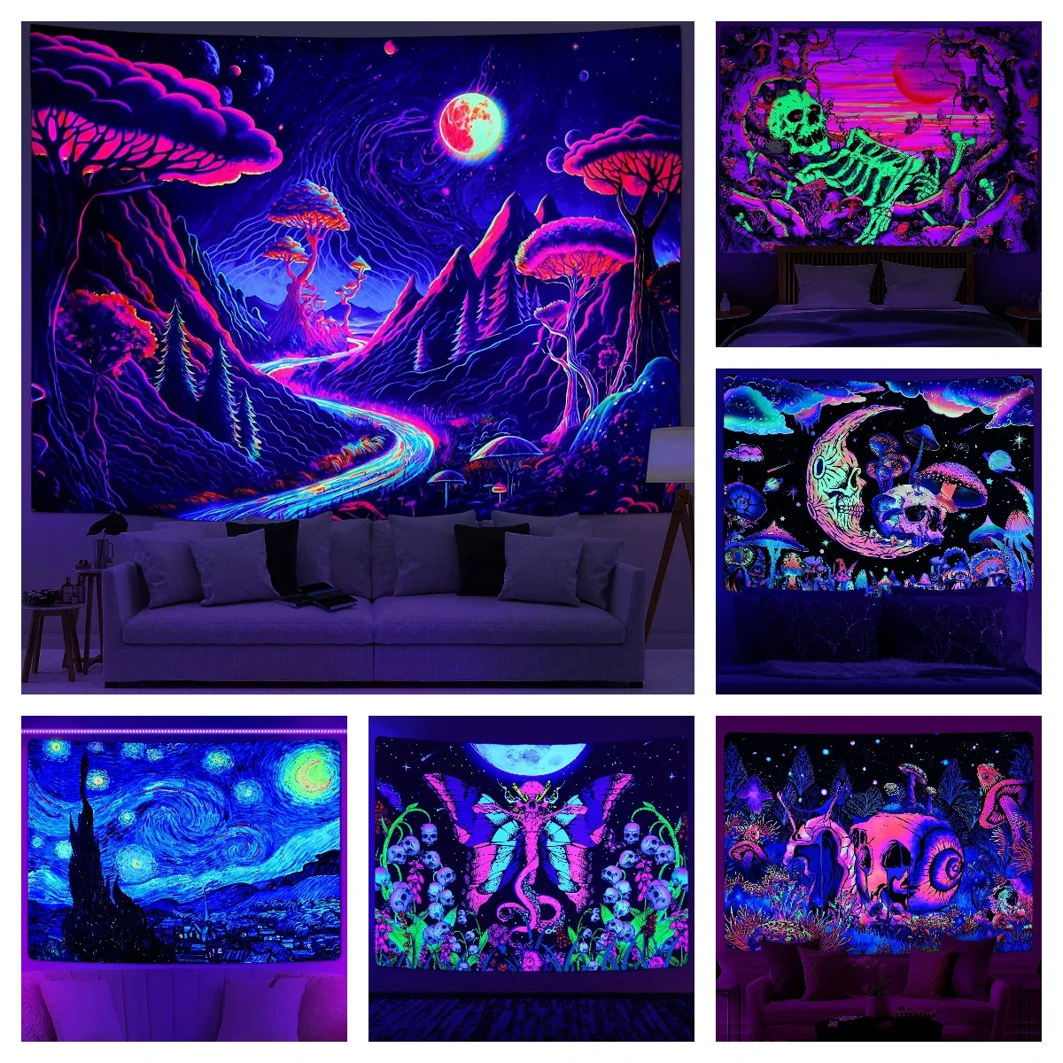 Blacklight Galaxy Moon Tapestry Trippy Plant Floral UV Reactive Neon Mountain Forest Psychedelic Wall Tapestrie for Room Decor