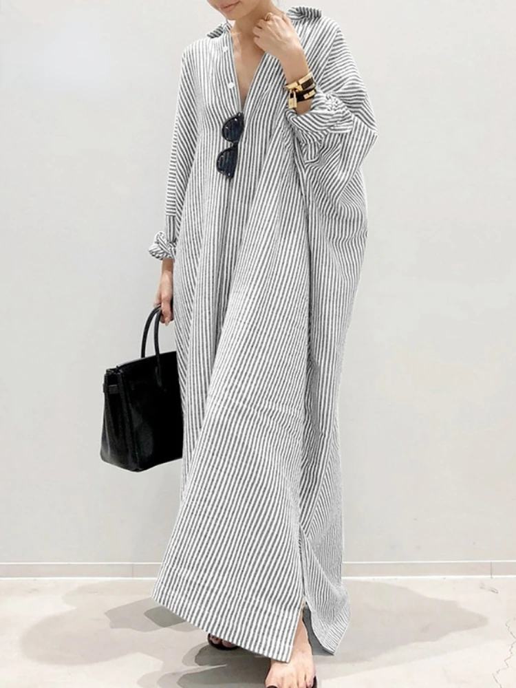 Spring Women Shirt Dress Fashionable Casual Loose Striped Cardigan Office Women's Button Cardigan Plus Fat Enlarged Shirt Dress