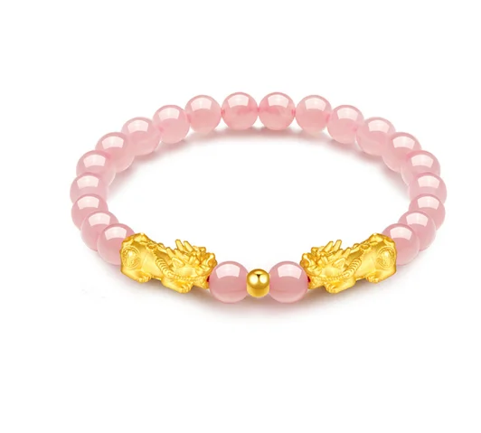 24k pure gold charms bracelet 999 real gold pixiu bracelet 6mm pink beads hand string