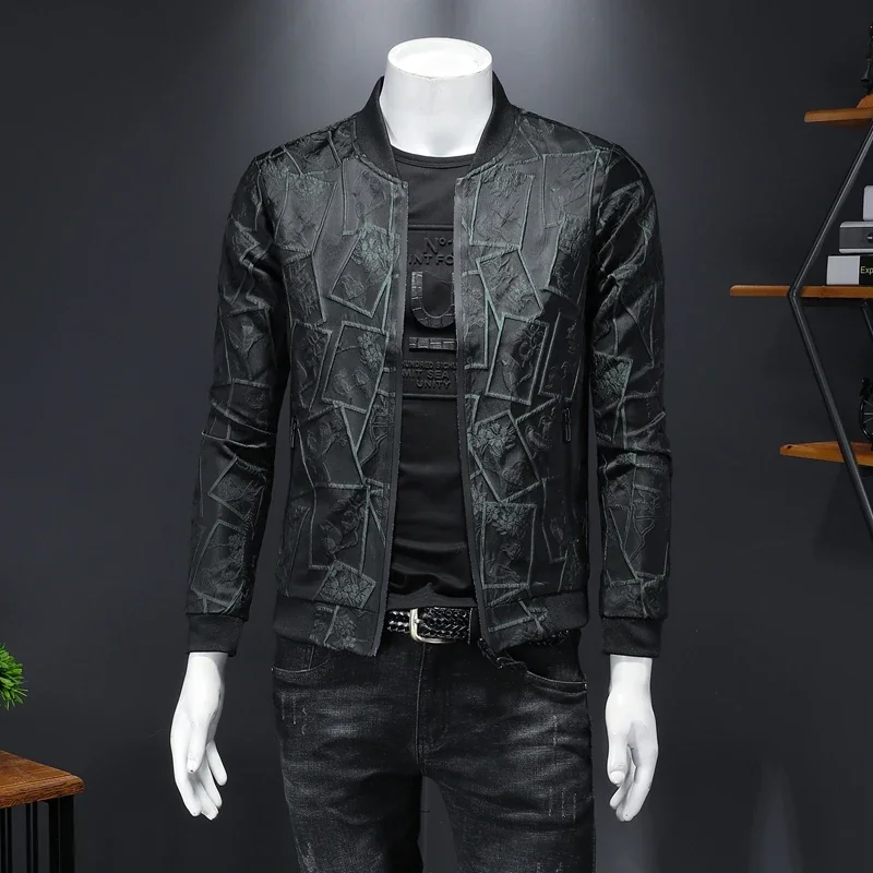 

4X 5XL Luxury Flocking Bomber Jacket Mens Autumn Business Vintage Casual Slim Jacket Lapel Single Breasted Printing Coats Jacket