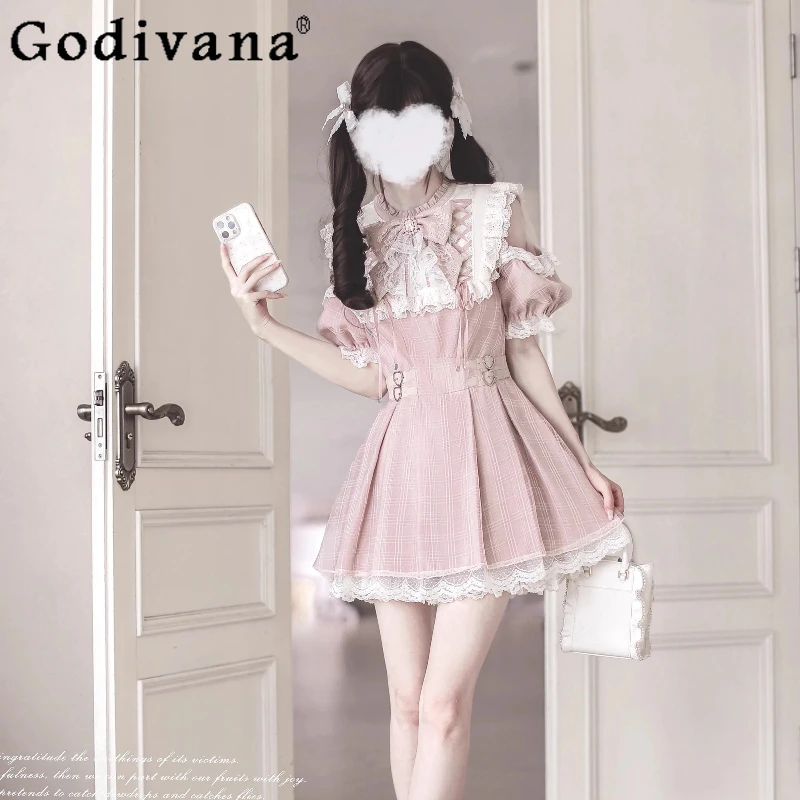 

Оригинальное японское розовое платье Лолиты, комплект лета 2023 г., новые милые тонкие элегантные платья для чаепития для девочек