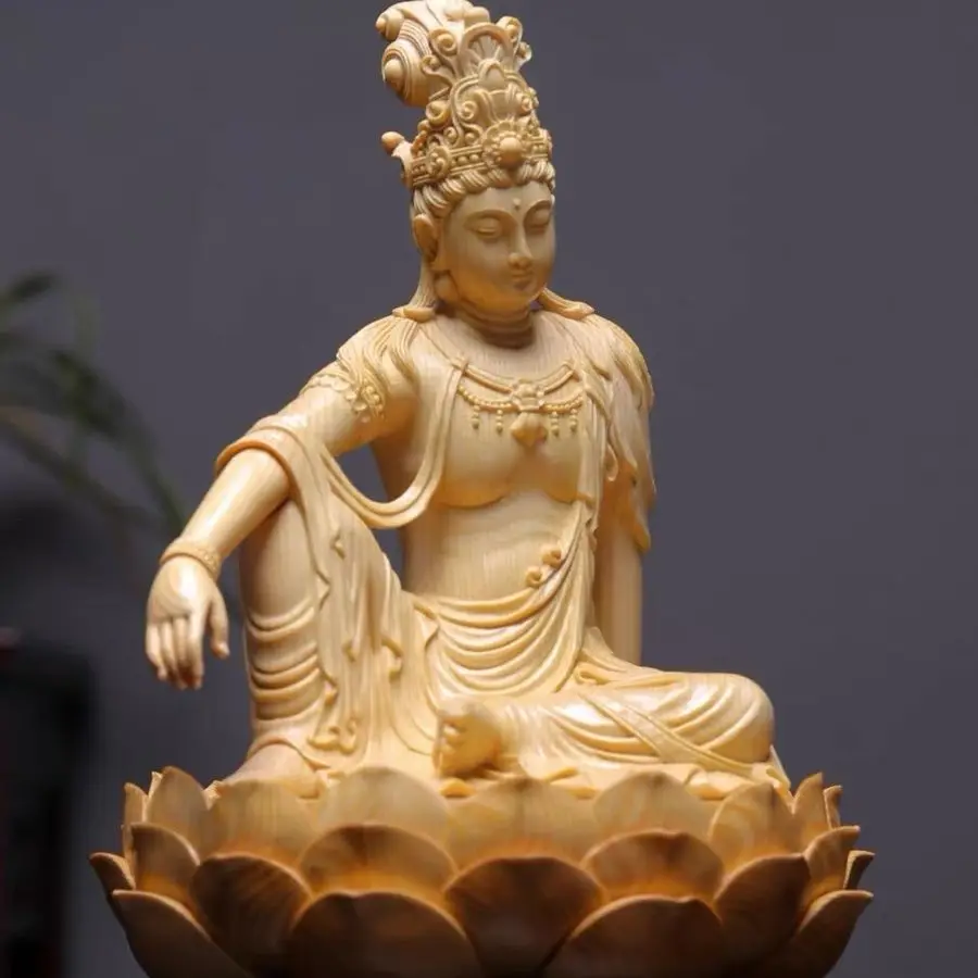 Cypress Wood Carving Guanyin Carving Enshrines The Living Room Sitting Lotus Buddha Statue Home Decoration
