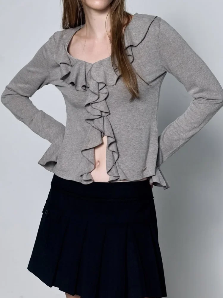 

Solid Women Knitted Ruffle Full Sleeve Top Casual Lapel V-neck Slim Button Split Short Shirt 2026 Lady Spring Autumn Tops Wear