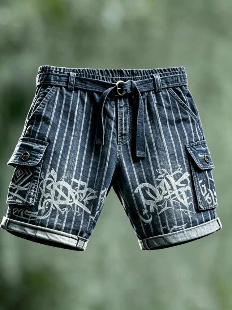 

Mens Cargo Shorts Graffiti Print Stripe Pattern Loose Fit Vintage Streetwear Shorts with Belt