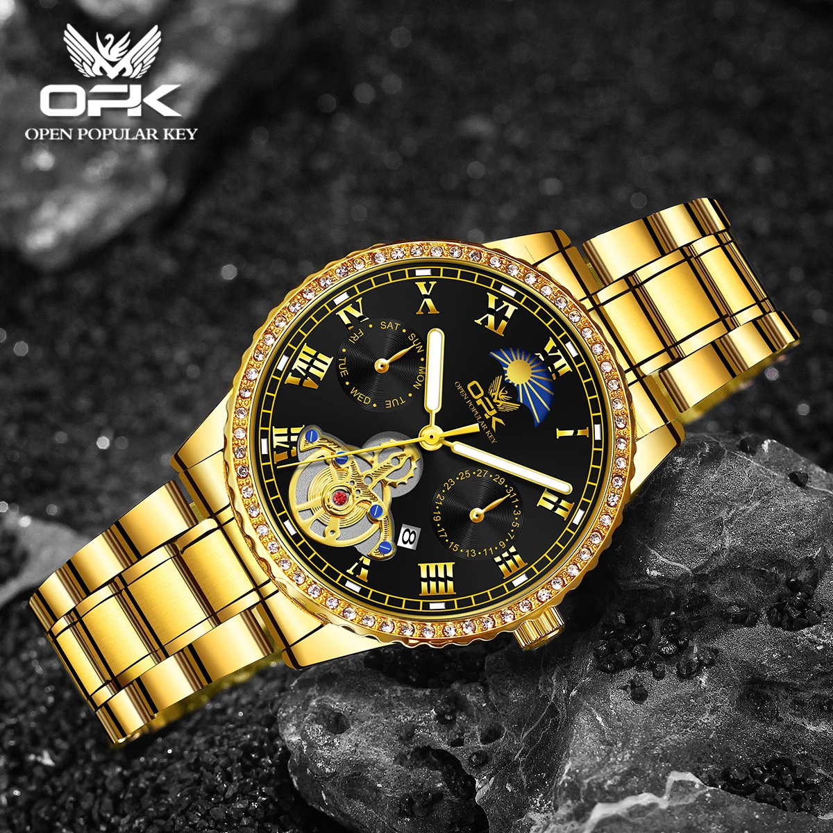 

OPK 8147 Fashion Gold Men Original Quartz Movement Watch Flash Drill Steel Strip Luminous Calendar Daily Waterproof Watch