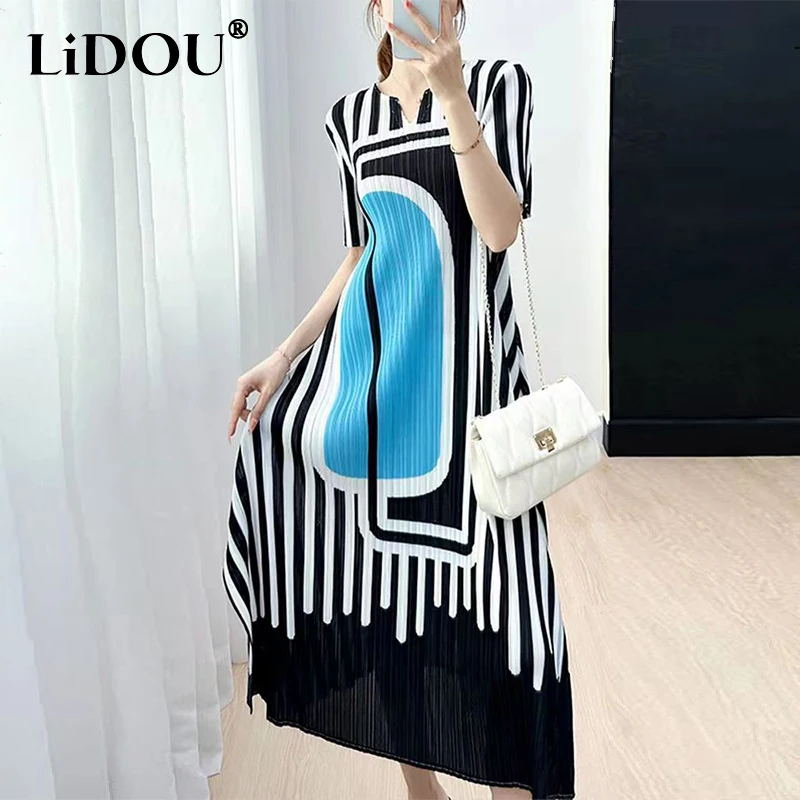 

Summer Round Neck Loose Casual Printed Robe Femme Short Sleeve Folds Elegant Vestidos Women Vintage Temperament Irregular Dress